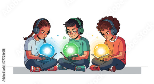 Diverse Children Wearing Headphones Absorbing Knowledge from Glowing Books