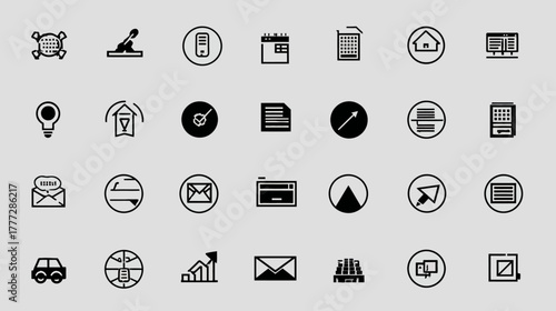 Modern minimalist black and white line icons set for web, app, UI/UX design. Digital interface symbols collection for business and technology.