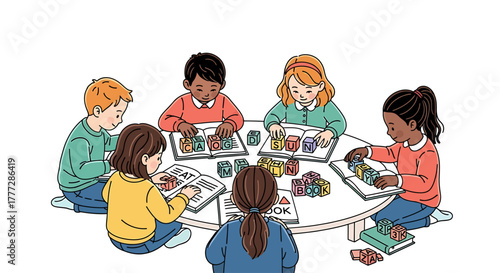 Diverse Group of Young Children Learning with Colorful Blocks at Classroom Table