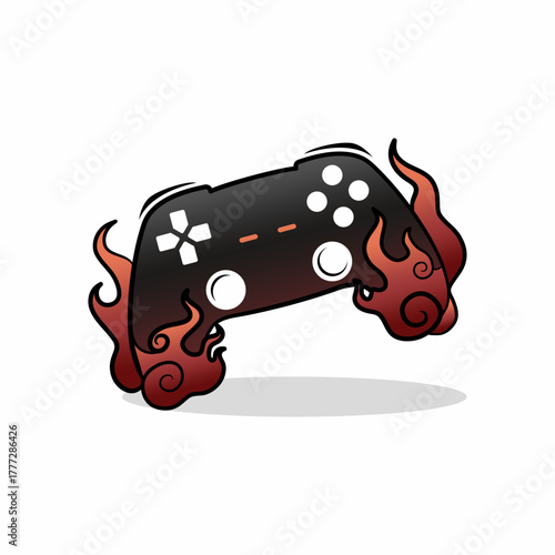 Vector game joystick with flame logo on white background. Line art flat style design gamepad on fire