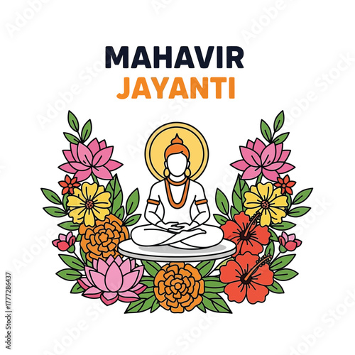 Flat illustration of Mahavir Jayanti with Flowers Accent Graphic