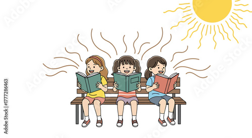 Three Cheerful Girls Reading Books Together Outdoors Under Bright Sunshine Illustration