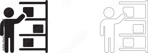 Man selects goods from shelves. Vector icon of offline shopping.