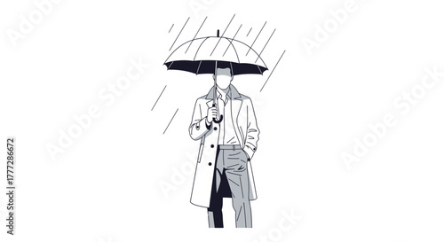 Stylized Illustration of Man Under Umbrella in Rain Depicting Resilience and Solitude