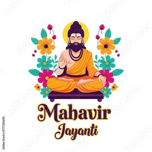 Flat illustration of Mahavir Jayanti with Flowers Accent Graphic