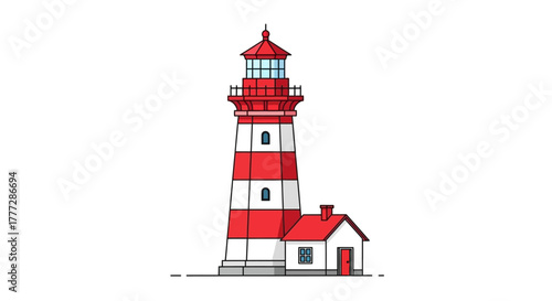 Striking coastal guardian striped lighthouse detailed vector illustration stands sentinel