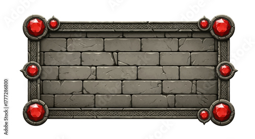Ornate rectangular stone plaque with decorative red gem accents, suitable for game UI or fantasy signage