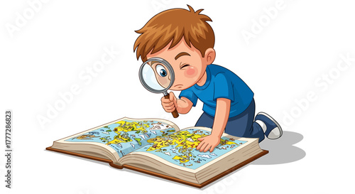 Curious Young Boy Examining World Map in Open Book with Magnifying Glass for Geography Education