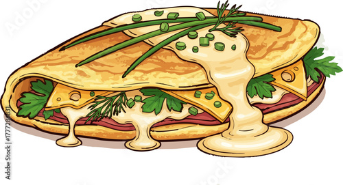 Western breakfast: Cheese omelet with tomato and basil garnish, detailed food illustration.