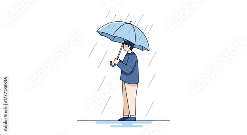 Conceptual illustration of a person standing in rain with umbrella on a rainy day