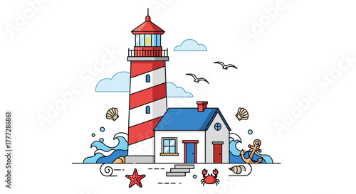Coastal serenity: charming lighthouse and seaside cottage illustration evoking nautical simplicity