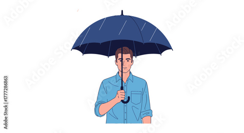 Illustration of a man protecting himself with umbrella isolated on white background, safety and