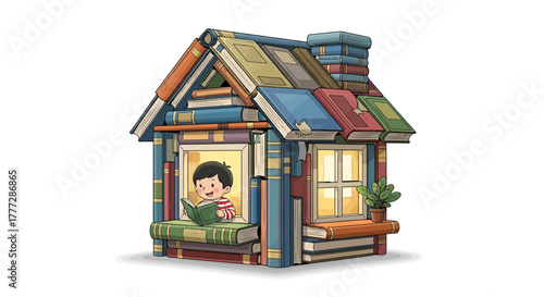 Creative Illustration Child Reading Inside a Cozy House Made Entirely of Books