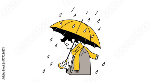 Solitary figure sheltered from a downpour under a vibrant yellow umbrella depiction