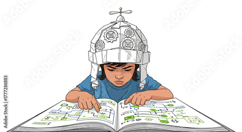 Curious Child with Creative Gear Helmet Studying Engineering Blueprint in Open Book
