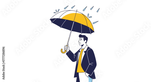 Worried entrepreneur under a rain-soaked umbrella, financial risk and protection concept