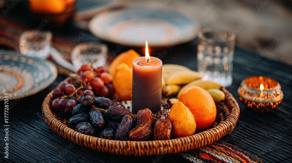 Obraz premium Warm candlelight illuminates a woven platter filled with fresh fruit and dried dates for a special occasion