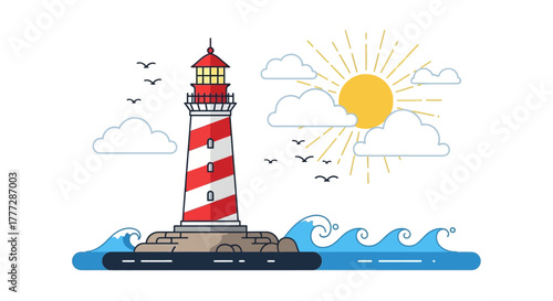Seascape illustration featuring a lighthouse, sea waves, sun, and clouds in a flat vector design