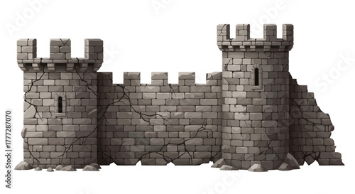 Ancient stone castle wall graphic with two weathered towers and battlements, evoking medieval architecture and historical fantasy themes
