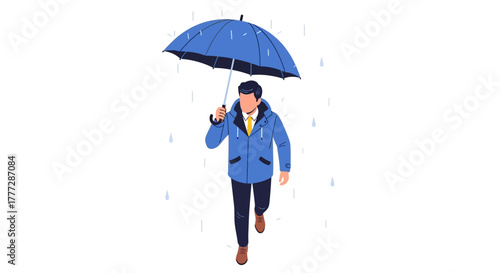 Isometric man protected by an umbrella walking in the rain with a white background scene and
