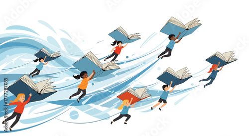 Diverse Group of Children Flying on Giant Books Above Abstract Blue Waves