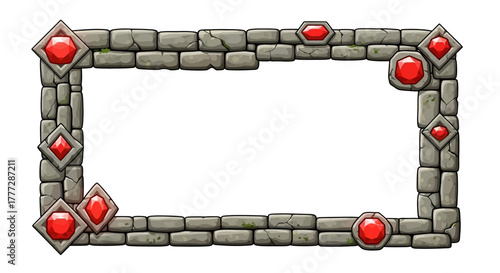 Ornate Fantasy Stone Frame Adorned with Sparkling Red Gemstones – Perfect for Game UI Elements or Decorative Borders