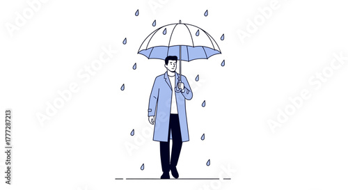 Solitary man under umbrella enjoying rain, illustration style with clean lines and simple shading