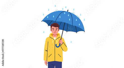 Cheerful man with umbrella during rainy weather protection against raindrops in stylish yellow