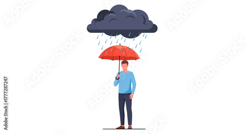 Man with umbrella facing challenges symbolic overcoming adversity in difficult times illustration