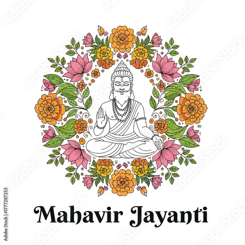 Flat illustration of Mahavir Jayanti with Flowers Accent Graphic