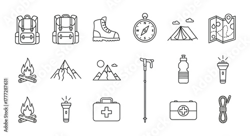 A collection of hand-drawn black and white line art icons for hiking, camping, and outdoor adventure, featuring a sketchy doodle style.