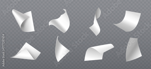 Flying white paper sheets 3d mockup with curves and folds for document designs or presentations. Blank pages falling through air. Realistic office materials floating on transparent background.