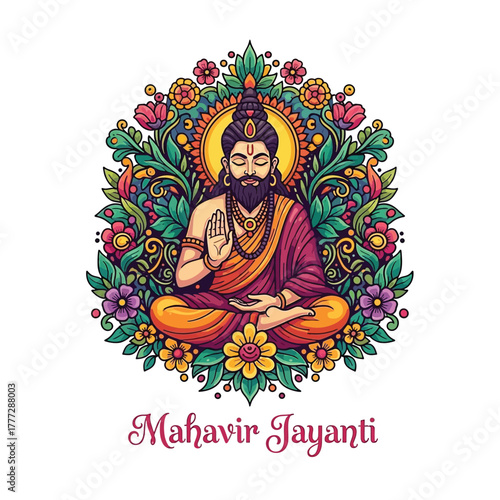 Flat illustration of Mahavir Jayanti with Flowers Accent Graphic
