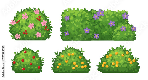 Vibrant cartoon bushes collection with various flowers and fruits, perfect for game assets or charming garden designs