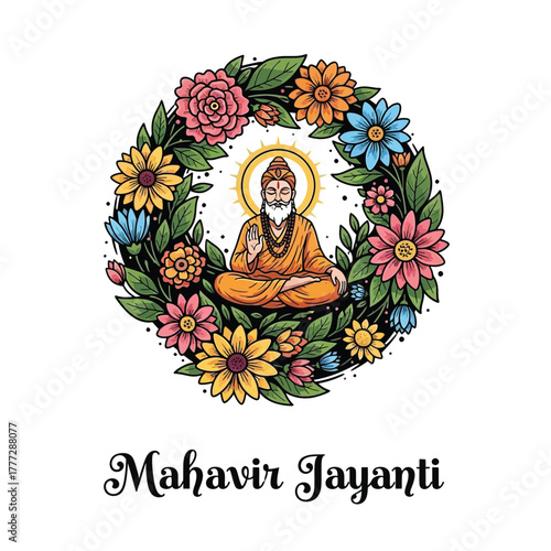 Flat illustration of Mahavir Jayanti with Flowers Accent Graphic