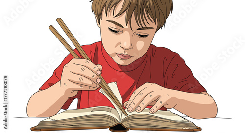 Focused Boy Learning to Use Chopsticks to Turn Pages of an Open Book