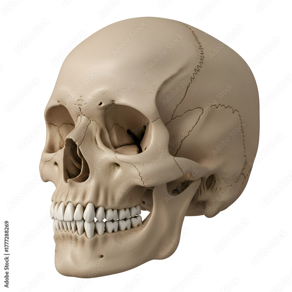 Obraz premium Human skull side view with detailed bone structure and teeth anatomy skeleton