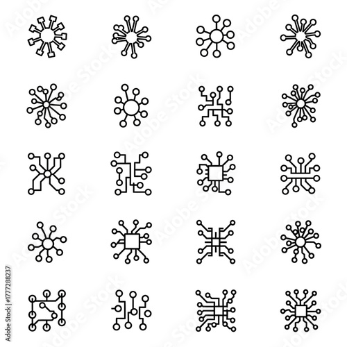 A diverse collection of monochrome line art icons representing technology, circuits, network hubs, and abstract viral structures.