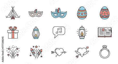 A diverse set of hand-drawn doodle icons for celebrations, festivals, and love themes.