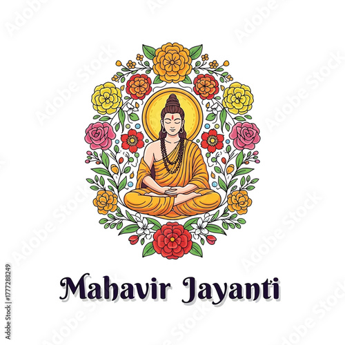 Flat illustration of Mahavir Jayanti with Flowers Accent Graphic