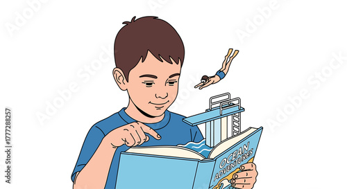 Young Boy Reading a Swimming Book with Pool Scene Visualization
