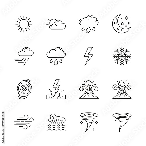 A diverse set of sixteen thin line art icons depicting weather conditions and natural disasters like tornadoes, volcanoes, and earthquakes.