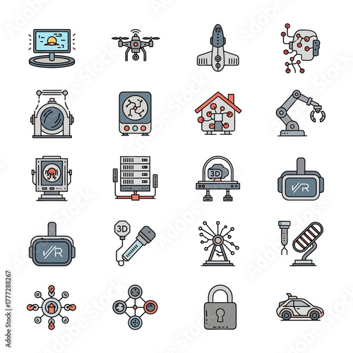 A diverse set of modern technology icons featuring AI, drones, and VR in a colored line art style.