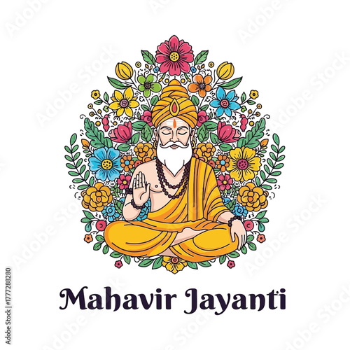 Flat illustration of Mahavir Jayanti with Flowers Accent Graphic