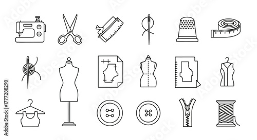 A hand-drawn collection of monochrome sewing and tailoring icons, including a sewing machine, scissors, and mannequin.