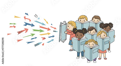 Diverse Group of Children Absorbing Knowledge and Ideas from Books with Flowing Arrows Concept