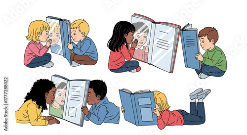 Diverse Children Seeing Themselves Reflected in Open Books for Reading and Self Discovery Concept