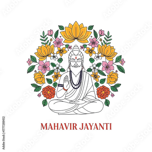 Flat illustration of Mahavir Jayanti with Flowers Accent Graphic