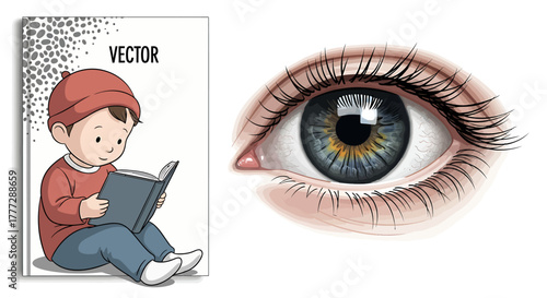 Set of Vector Illustrations Child Reading Book and Detailed Human Eye on White Background