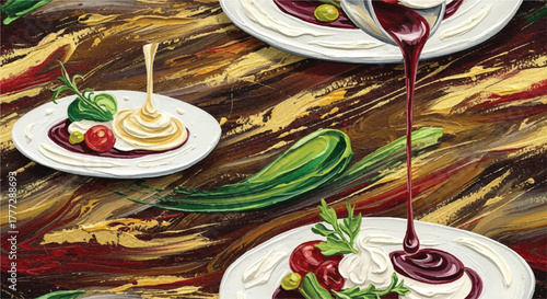 Abstract Food Painting Seamless Pattern with Dessert Plating and Bold Brushstrokes